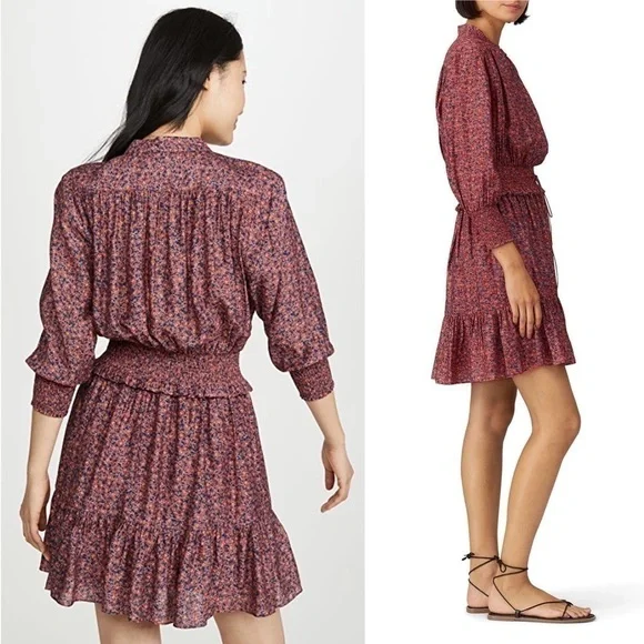 REBECCA MINKOFF Ruffle Hem Smocked Tie Waist Long Puff Sleeve Floral Dress XXL - Picture 9 of 14